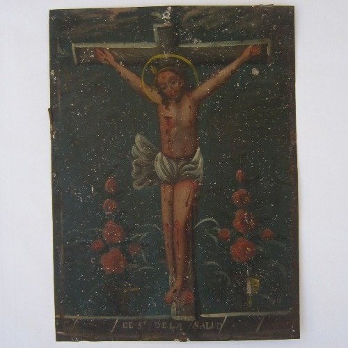19th Century retablo painting on tin - Jesus Christ on the cross
