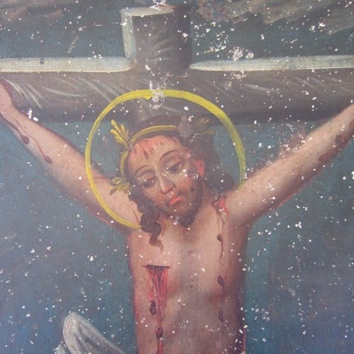 19th Century retablo painting on tin - Jesus Christ on the crosss