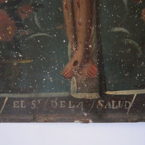 19th Century retablo painting on tin - Jesus Christ on the cross