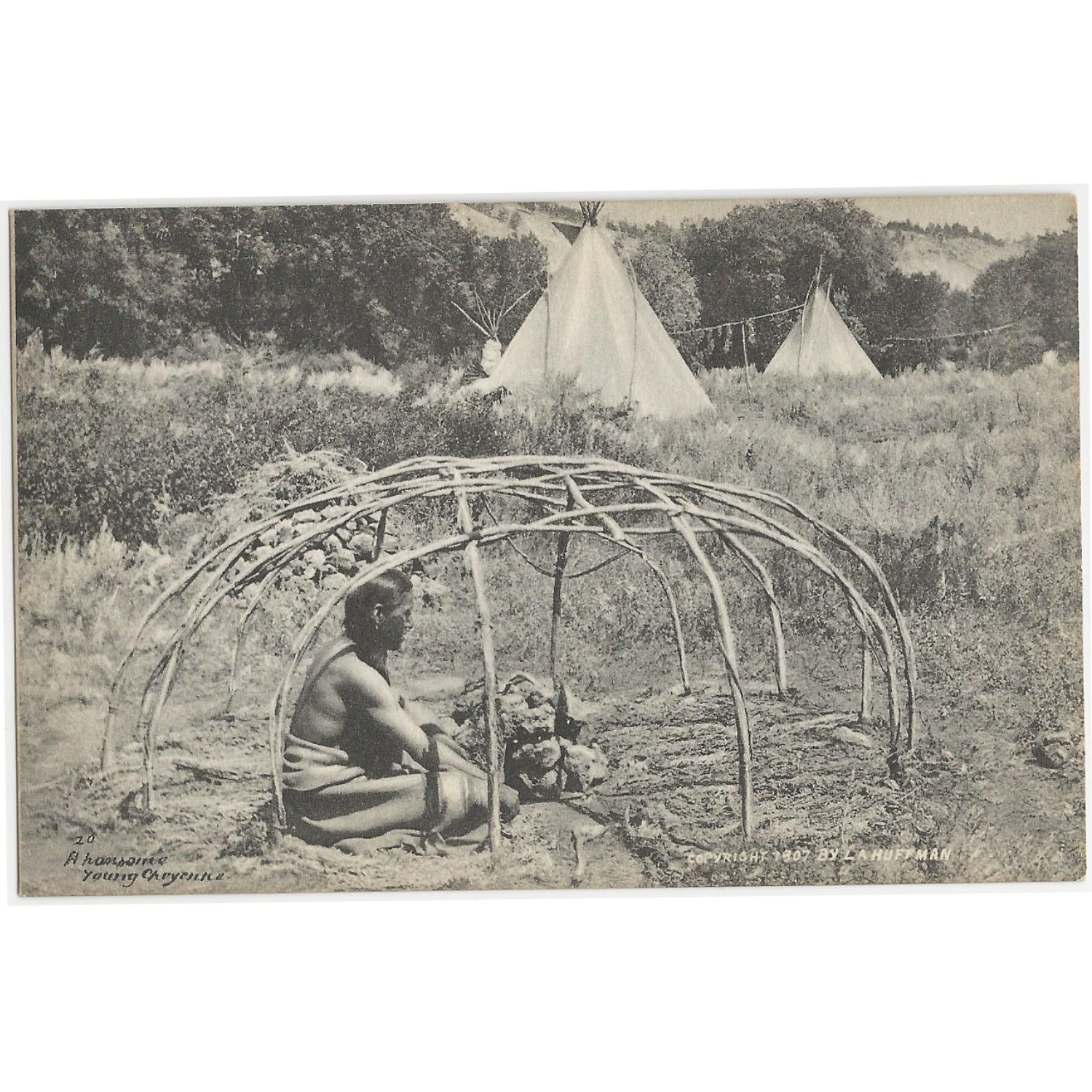 Postcard of Pretty Bird Cheyenne during a sweat lodge ceremony by L.A. Huffman