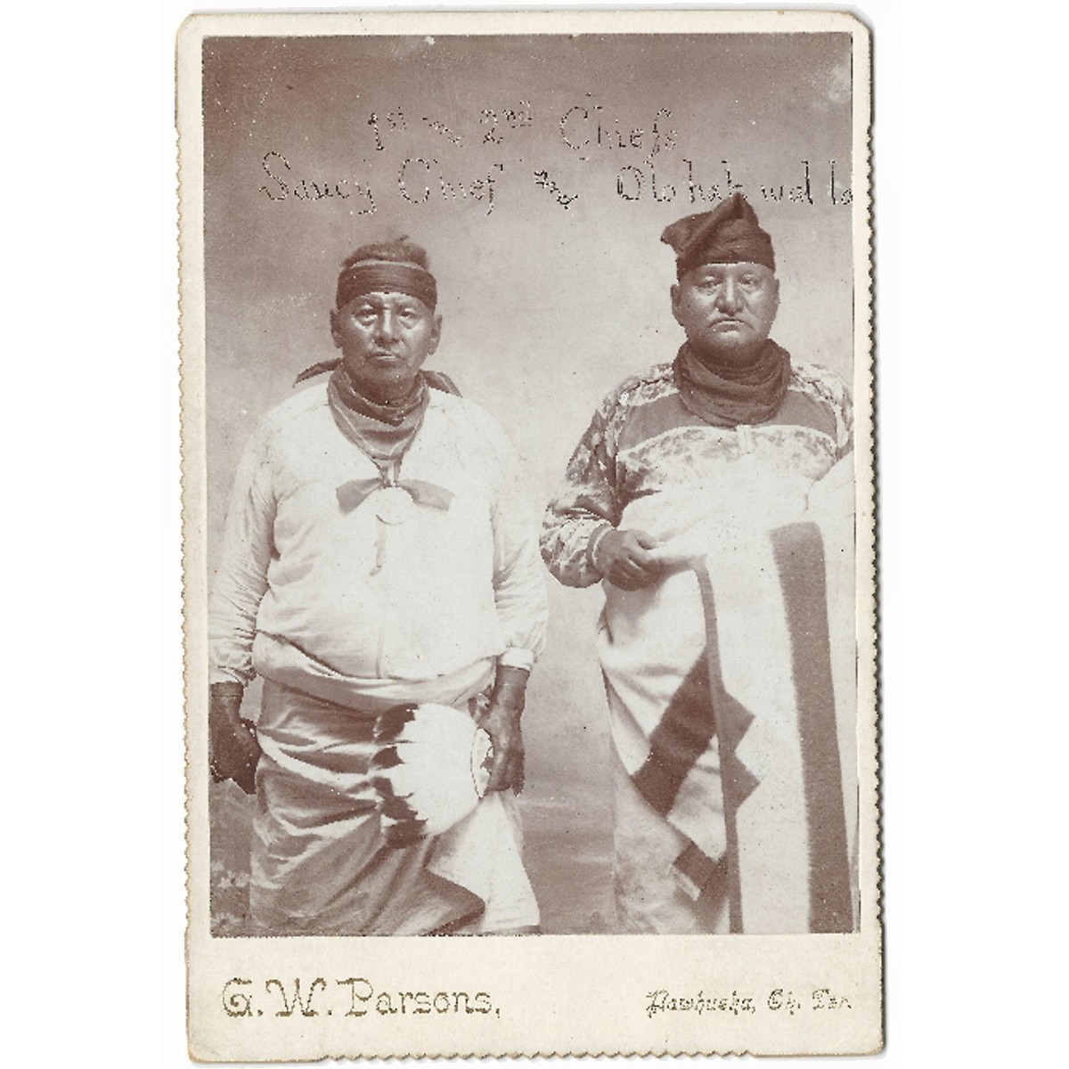 Rare photograph of Oklahoma Territory Indian chiefs Saucy & Olohahwalla - G.W. Parsons