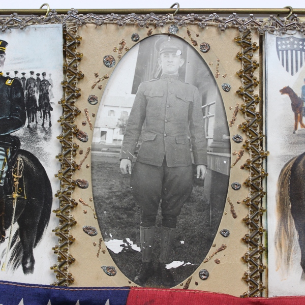 Banner flag w/ photograph, postcards and cavalry insignia