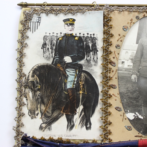 Banner flag w/ photograph, postcards and cavalry insignia