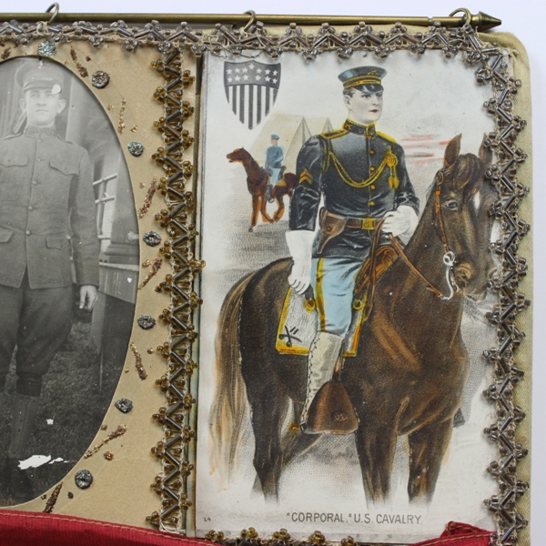 Banner flag w/ photograph, postcards and cavalry insignia