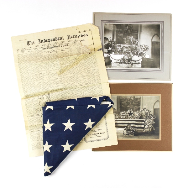 KIA grouping - Casket flag, newspaper and photographs