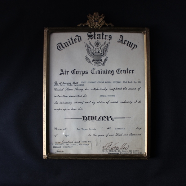 USAAF Training Center diploma w/ frame