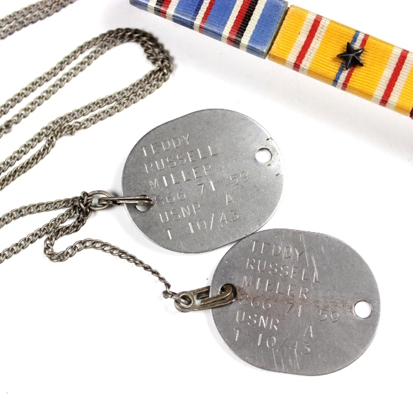 US Navy dog tags, ribbons, bracelet, misc. lot