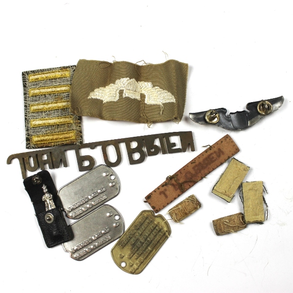 USAAF officer dog-tags, pilot wings, leather name tag lot