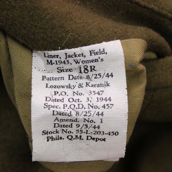 Women Army Corps (WAC) M1943 jacket liner - Size 18R